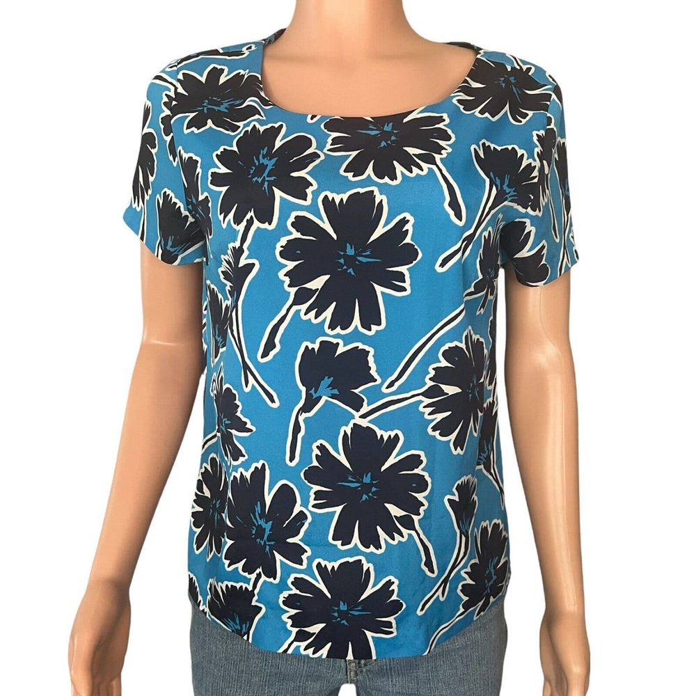J Crew Shirt Womens Small Blue Floral Print Short Sleeve Scoop Neck Polyester